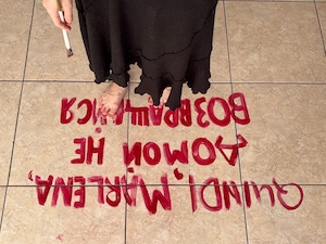 Dancing in my underpants. Picture from the photobook. Tiled foor with words Quindi Marlena, домой не возвращайся written in red paint and me walking over it